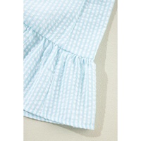 Myosotis Seersucker Ruffled Puff Sleeve Stand Neck Mini Dress - L thumbnail