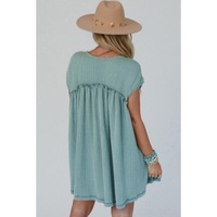 Canton Corded Knit Textured Patched Pocket Frilled Swing Mini Dress with Pockets - L thumbnail