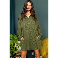 Moss Green Corded Buttons Placket Drop Shoulder Collared Shift Dress - L thumbnail