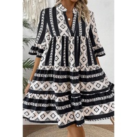 Black Geometric Print V Neck Ruffled Dress - XL thumbnail