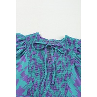 Sky Blue Abstract Print Puff Sleeve Tied Notched Neck Long Dress - M thumbnail