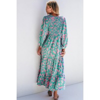Green Abstract Print Puff Sleeve Tied Notched Neck Long Dress - M thumbnail