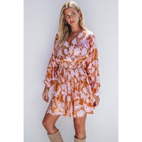 Brown Floral Puff Sleeve Smocked Waist Layered Dress - L thumbnail
