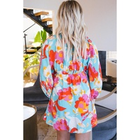 Sky Blue Floral Bracelet Sleeve Empire Waist Mini Dress - L thumbnail