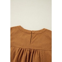Desert Gold Corduroy Pleated Puff Sleeve Shift Short Dress - L thumbnail