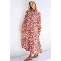 Orange Abstract Print V Neck Pleated High Waist Midi Dress - L thumbnail