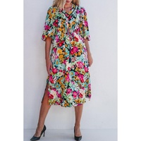 Green Floral Puff Sleeve V Neck Tassel Drawstring Dress - L thumbnail