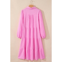 Bonbon Solid Collared V Neck Tiered Loose Fit Midi Dress - L thumbnail