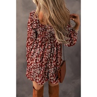 Red Floral Print Sweetheart Neck Shirred Back Mini Dress - S thumbnail