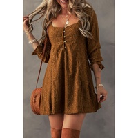 Chestnut Lace Crochet Buttoned Square Neck Shift Mini Dress - L thumbnail