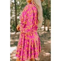 Pink Floral Print Drawstring Tunic Flowy Short Dress - L thumbnail