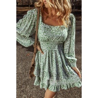 Green Floral Print Square Neck Shirred Waist Tiered Ruffled Mini Dress - S thumbnail