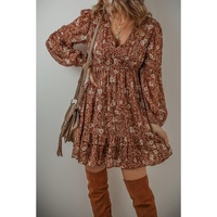 Brown Boho Floral Ruffled Puff Sleeve V Neck Mini Dress - L thumbnail