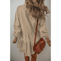 Tan Puff Sleeve Buttoned Tiered Pleated Shirt Mini Dress - L thumbnail
