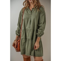 Jungle Green Puff Sleeve Buttoned Tiered Pleated Shirt Mini Dress - S thumbnail