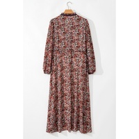 Brown Floral Print Split Front Tiered Frilled V Neck Midi Dress - L thumbnail