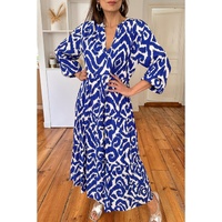 Blue Western Abstract Geometric Printed Maxi Dress - L thumbnail
