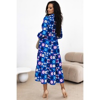 Blue Floral Peasant Sleeve Tiered Ruffle Midi Dress - L thumbnail
