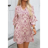 Pink Paisley Print Tiered 3/4 Sleeve Notched Neck Mini Dress - L thumbnail