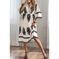 Beige Western Geometric Print 3/4 Sleeve Loose Midi Dress - L thumbnail