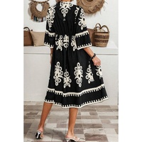 Black Western Geometric Print 3/4 Sleeve Loose Midi Dress - S thumbnail
