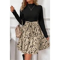 Black Ribbed Knit Patchwork Printed Belted A-line Dress - XL thumbnail