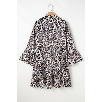 Black Leopard Print Buttoned Front 3/4 Sleeve Tiered Ruffled Hem Dress - M thumbnail