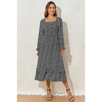 Black Floral Printed Long Sleeve Square Neck Midi Dress - L thumbnail