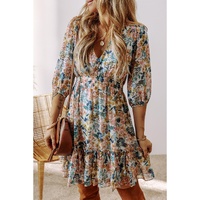 Sky Blue Floral 3/4 Sleeve V Neck High Waist Ruffled Dress - S thumbnail