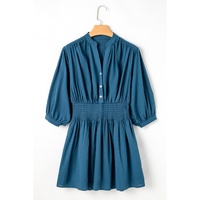 Prussian Blue 3/4 Sleeve Shirred High Waist Buttoned Mini Dress - L thumbnail