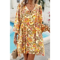Yellow Cream Floral Print V Neck Puff Sleeve Mini Dress - L thumbnail