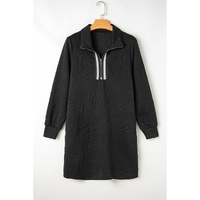 Black Jacquard Textured Quarter Zipper Shift Mini Dress - S thumbnail