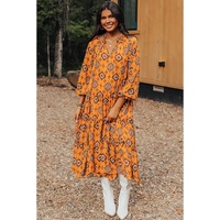 Orange Western Geometric Print Tiered Frilled Loose Fit Midi Dress - L thumbnail