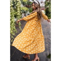 Yellow Flower Print Bracelet Sleeve Buttons Collared Maxi Dress - M thumbnail