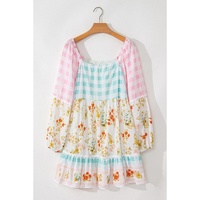 Pink Ric Rac Plaid Floral Print Patchwork Bubble Sleeve Dress - L thumbnail