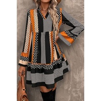 Black Striped Polka Dot Print Ruffled Hem V Neck Mini Dress - XL thumbnail