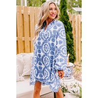 Blue Boho Floral Embroidered Notch V Neck Shift Mini Dress - M thumbnail