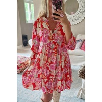 Red Floral Print High Waist V Neck Babydoll Mini Dress - L thumbnail