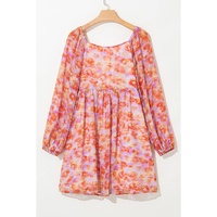 Rose Floral Print Square Neck High Waist Mini Dress - S thumbnail
