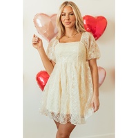Apricot Sequined Lace Mesh Bubble Sleeve Square Neck Dress - S thumbnail
