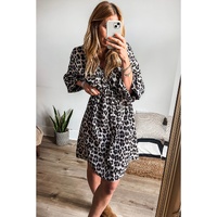 Black Leopard Print Elasticated V Neck 3/4 Puff Sleeve Dress - L thumbnail