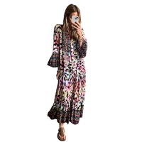 Pink Western Leopard Printed 3/4 Sleeve Buttoned Front Tiered Maxi Dress - S thumbnail