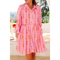 Pink Bowknot Striped Printed Tiered Ruffled Mini Shirt Dress - L thumbnail