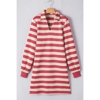 Pink Stripe Collared V Neck Long Sleeve Loose Casual Dress - L thumbnail