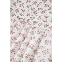 White Floral Print Shirred Ruffled Hem Square Neck Midi Dress - L thumbnail