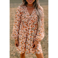 Beige Floral Deep V Neck Smocked Bust Bubble Sleeve Babydoll Dress - L thumbnail