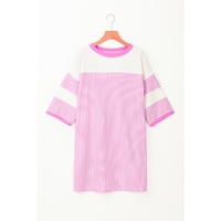 Phalaenopsis Striped Patchwork Three Quarters Sleeve Loose Mini Dress - L thumbnail