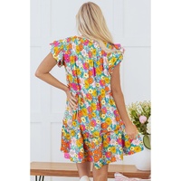 Sky Blue Floral Print Smocked Notch V Neck Flutter Sleeve Mini Dress - S thumbnail