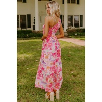 Pink Abstract Floral Print Shirred One Shoulder Maxi Dress - L thumbnail