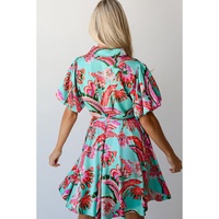 Green Abstract Print Lace-up High Waist Buttoned Mini Dress - S thumbnail